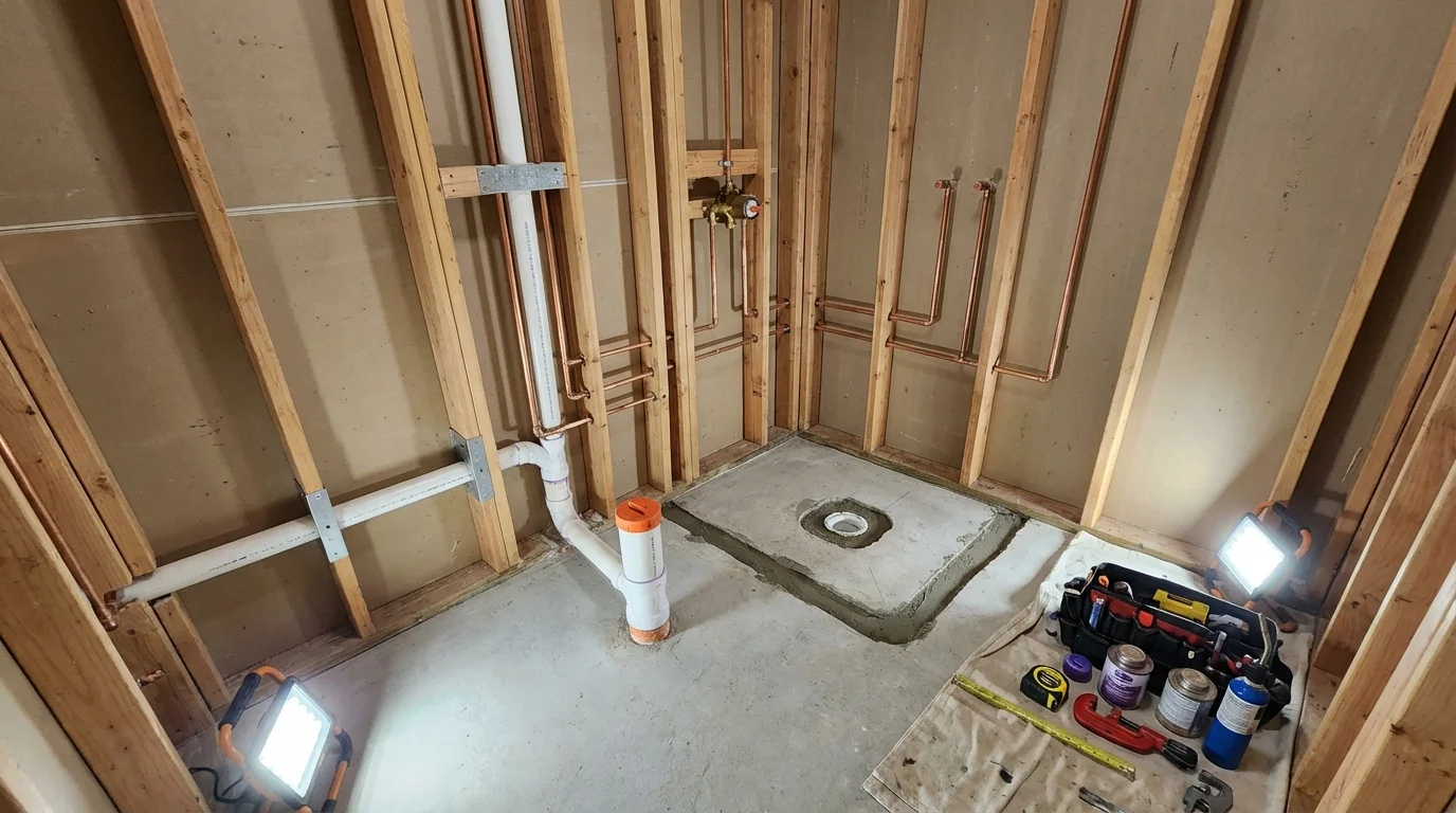Bathroom rough-in plumbing during remodel by Johns Plumbing LLC in Attica
