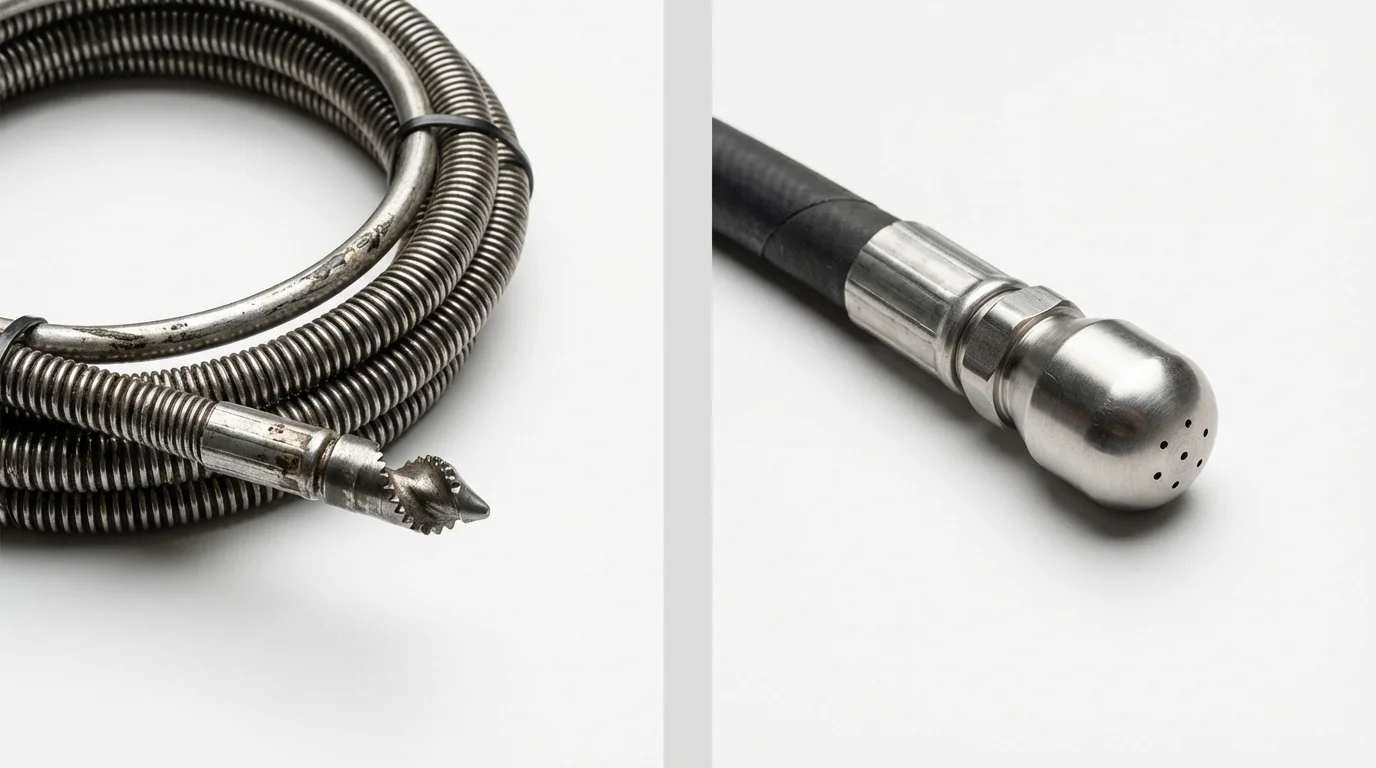 Drain snake cable and hydro jetting nozzle used for drain cleaning in Attica, NY