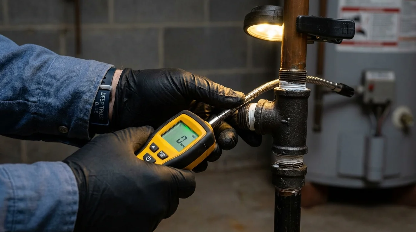 Gas leak detection with electronic sniffer by Johns Plumbing LLC in Attica