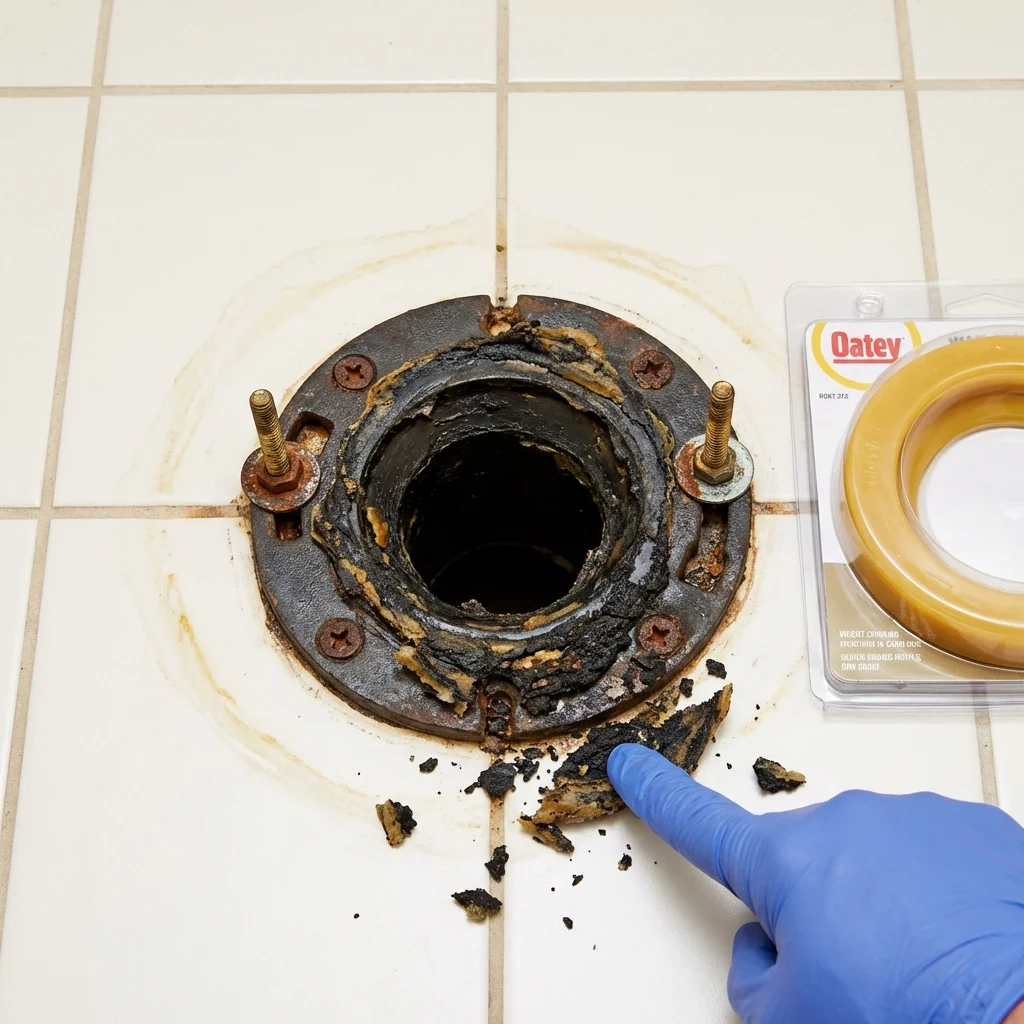 Failed wax ring showing water seepage at the base of a toilet in a Attica, NY home