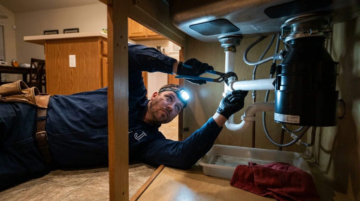 P-trap and supply line connections under a kitchen sink showing a common leak point in Attica, NY